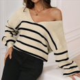 thumbnail image 4 of Suéteres Casuales de Otoño para Mujer, Suéter de Punto Informal A Rayas con Cuello en V, Larga y Espalda Descubierta Albaricoque y Negro M, 4 of 9