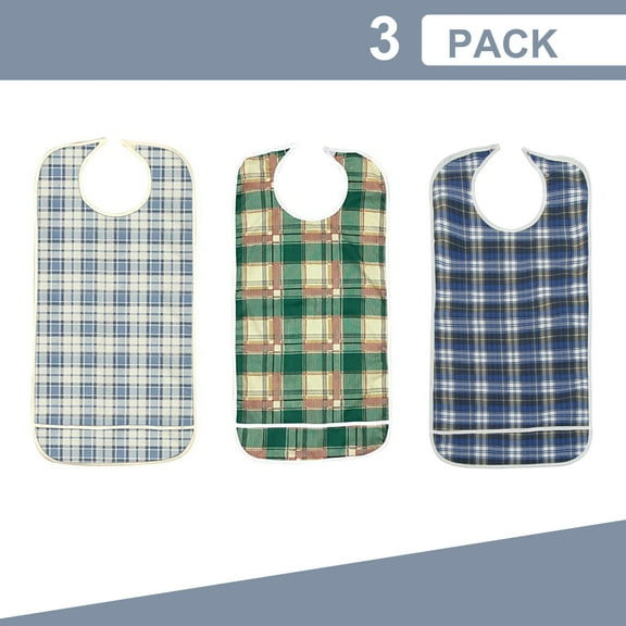 3 Pack Vinyl Backing Adult Bibs with Crumb Catcher and Velcro Closure - Plaid Prints