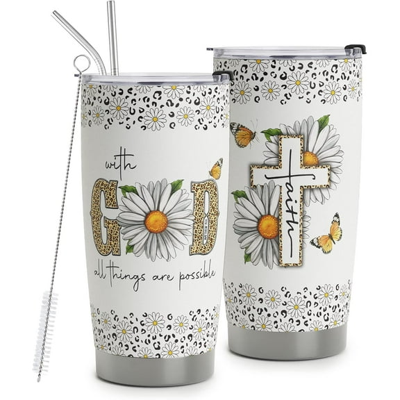 Christian Gifts for Women - With God All Things Are Possible Travel Mug Cup - Daisy Leopard Faith Jesus God Bible Verse Religious Gifts For Mom Grandma Friends - Stainless Steel Tumbler 20oz