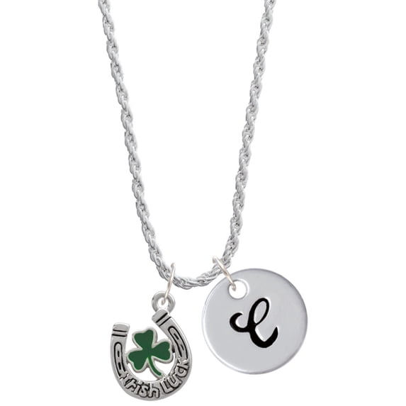 Delight Jewelry Silvertone Irish Luck Horseshoe with Shamrock Silvertone Script Initial Disc - C - Charm Necklace, 20"+3"