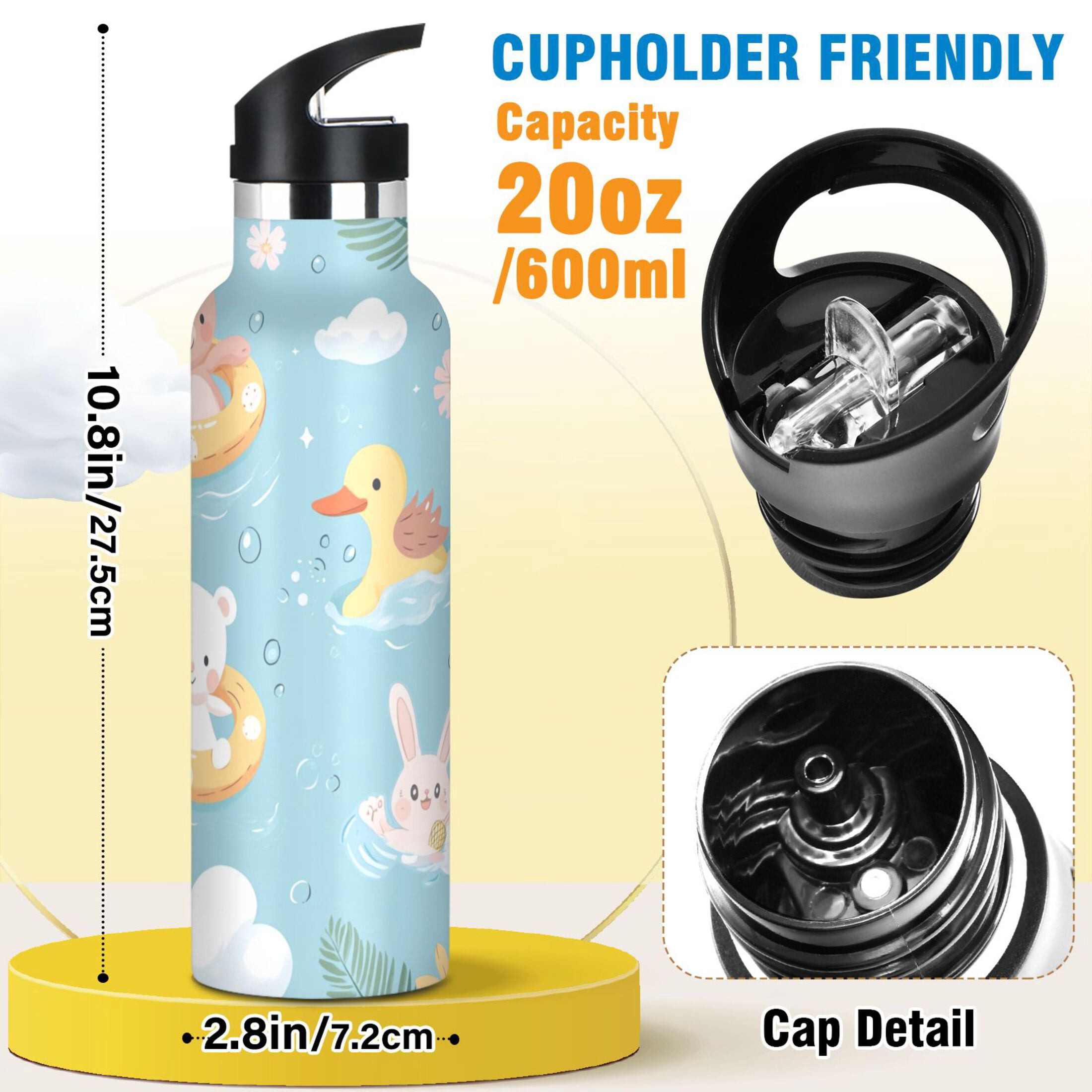 Kids Insulated Stainless Steel Sports Water Bottle 600ml (20oz) Cute Summer Animals Pattern