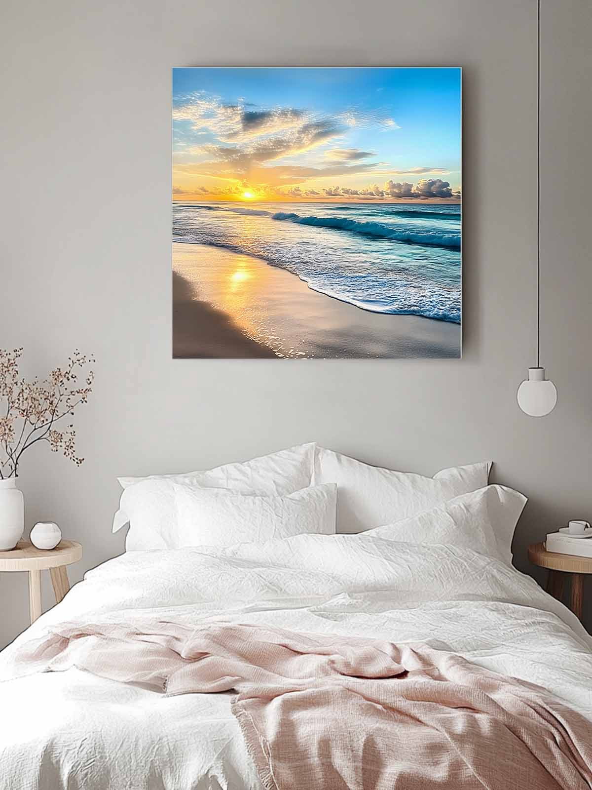 Ocean Sunrise Sunset Canvas Wall Art, Beach Waves Sea Scenery Framed Wall Decor Modern Artwork Prints Painting for Living Room, Bedroom, Kitchen & Cafe Decor 12x12 Inch