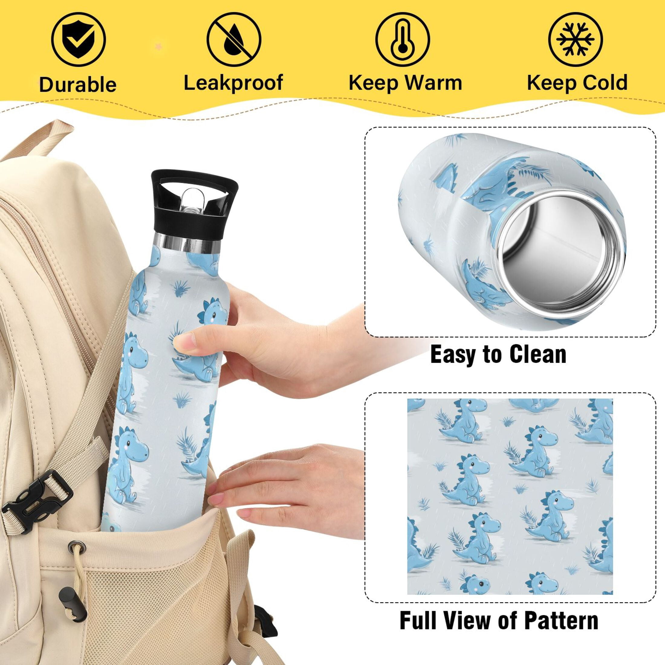 Kids Insulated Stainless Steel Sports Water Bottle 600ml (20oz) Cartoon Blue Dinosaurs