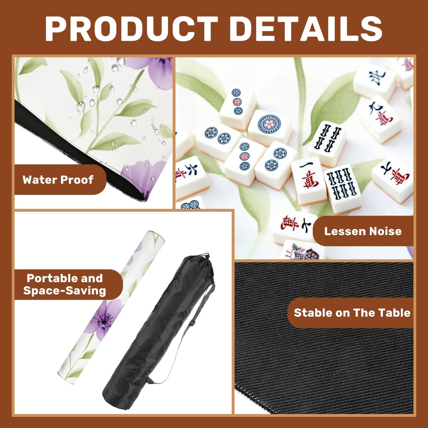 Mahjong Mat 31.5" x 31.5" Cute purple floral whith green leave seamless watercolor watercolor Non-Slip Noise Reduction American Mahjong Tiles Table Cover for Dominoes Poker Card Board Games Gift