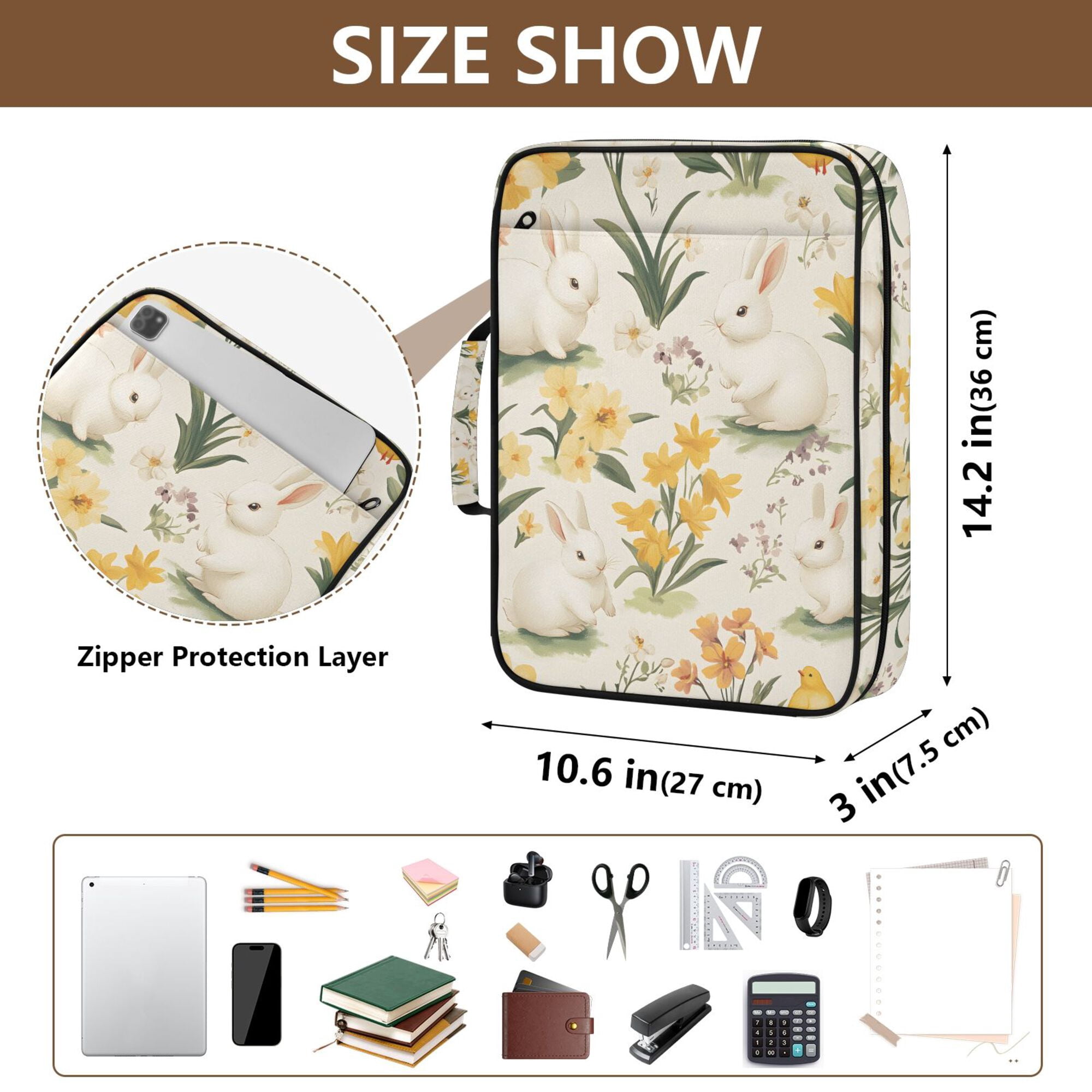 FORMRS Accordion File Folder A4 Size 7-Pocket Expanding Document Organizer Bag with 3 Ring Binder, White Rabbits