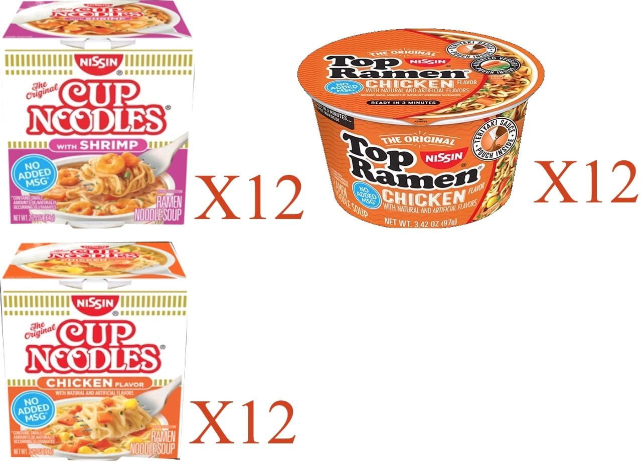Nissin Cup O Noodles Soup Instant Cup 36 Count, 12 Shrimp, 12 Chicken & 12 Chicken Top Ramen Bowl Lunch / Dinner Variety, 3 Flavors