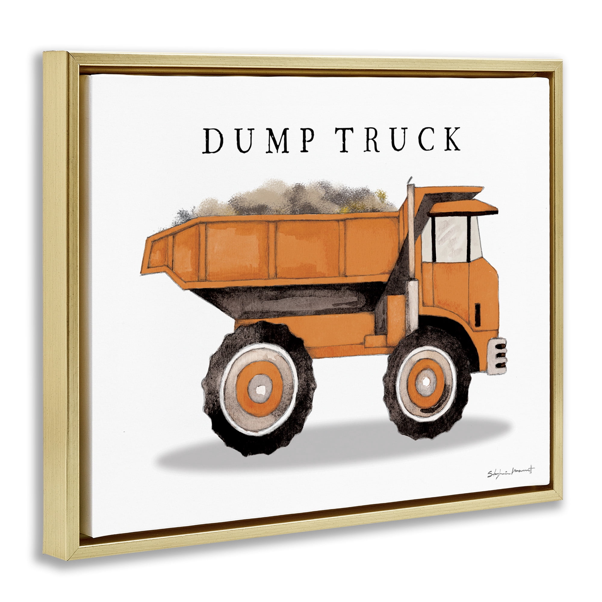 Stupell Industries Orange Dump Truck Construction Art for Kids Painting Gold Floater Framed Canvas Art Print Wall Art, 21 x 17