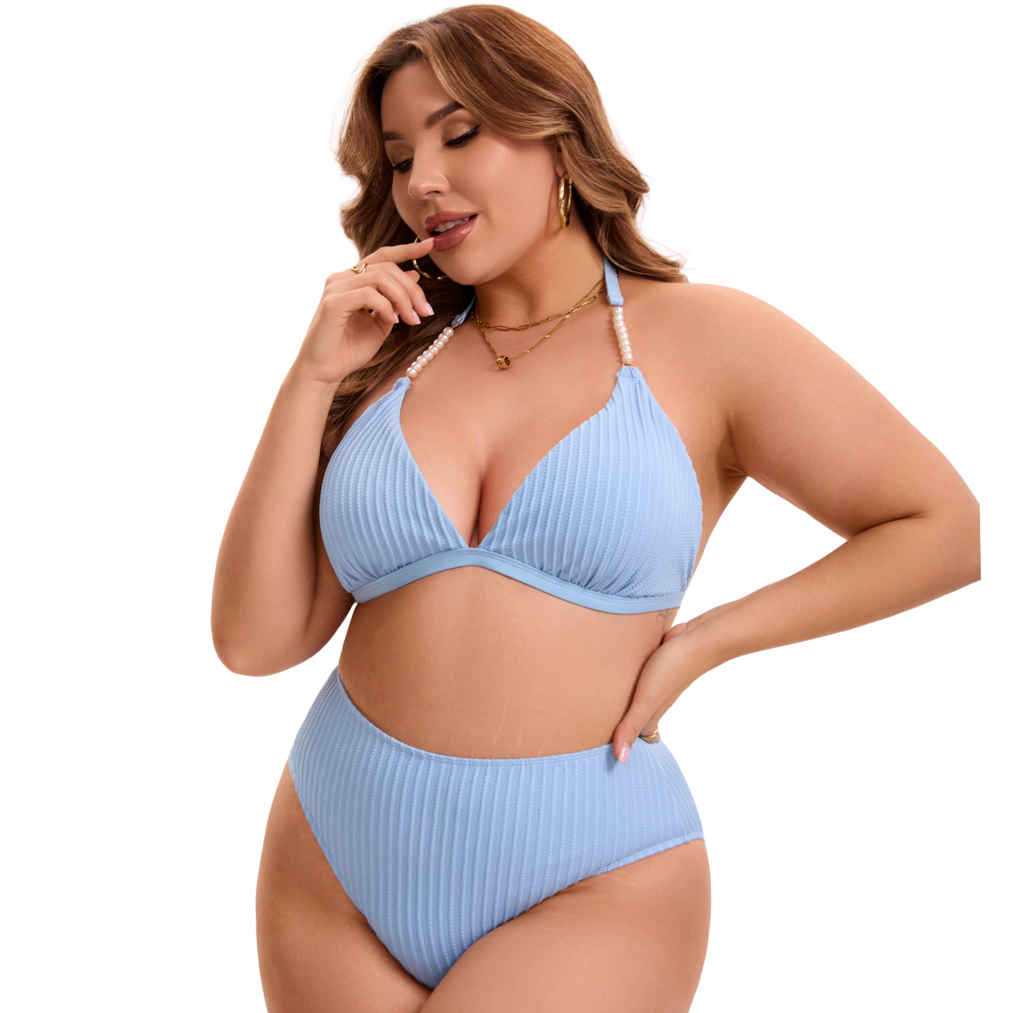 DARING DIVA Women's Plus Ribbed Halter Pearl Strap Top High Waisted Shorts 3X Light Blue