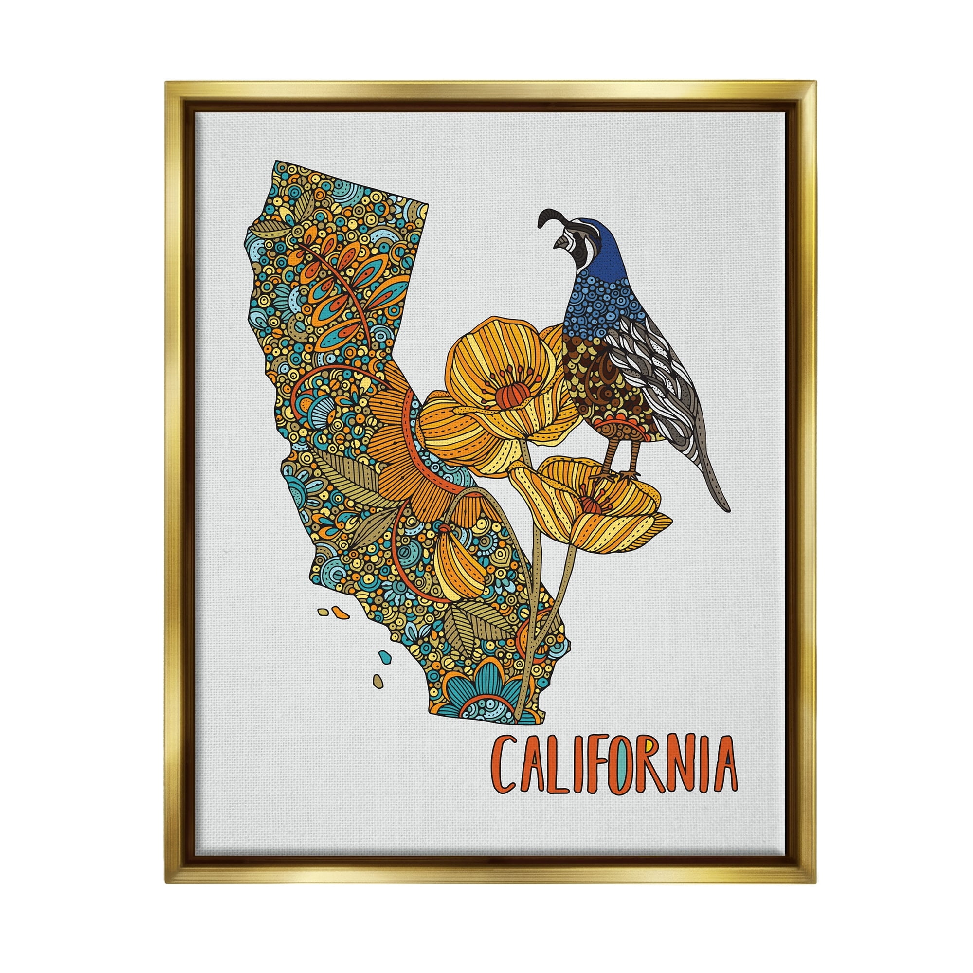 Stupell Industries California State Poppy Flowers Quail Bird Floral Details Graphic Art Metallic Gold Floating Framed Canvas Print Wall Art, Design by Valentina Harper