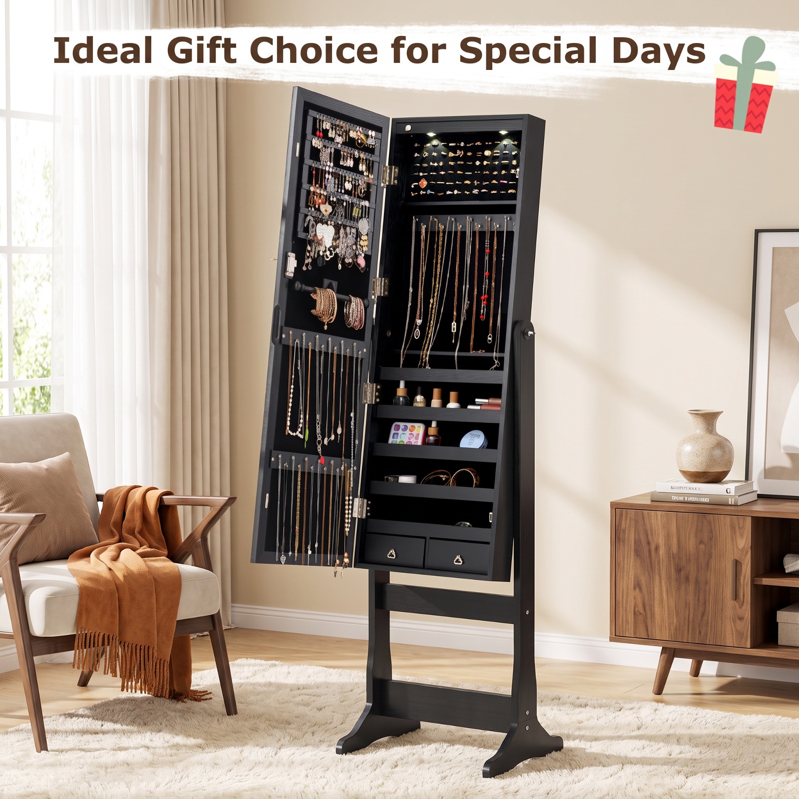 Furnibear Lockable Freestanding Jewelry Cabinet Armoire with Full-Length Mirror and Lights for Bedroom Dressing Room Jewelry Necklace Rings, Black