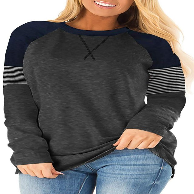 CHUANK T-Shirts Décontractés d'Automne à Col Rond Surdimensionné pour Femmes Mignon Rayé Manches Longues Grande Taille Tunique Blouse Gris Foncé 22 Plus