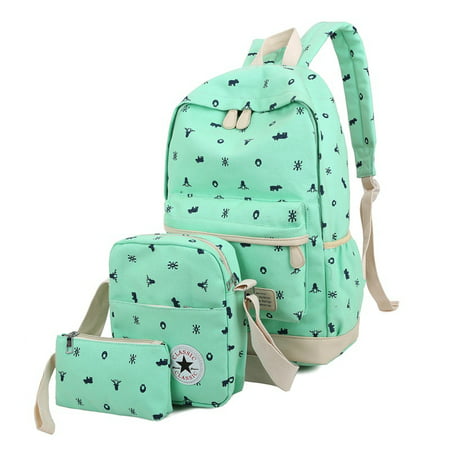 3 Pcs School Bags Middle School Student Print Backpack Set for Girls and Boys Canvas Backpacks includ backpack pencil case casual bag(Mint (Best Backpacks For Middle School Students)