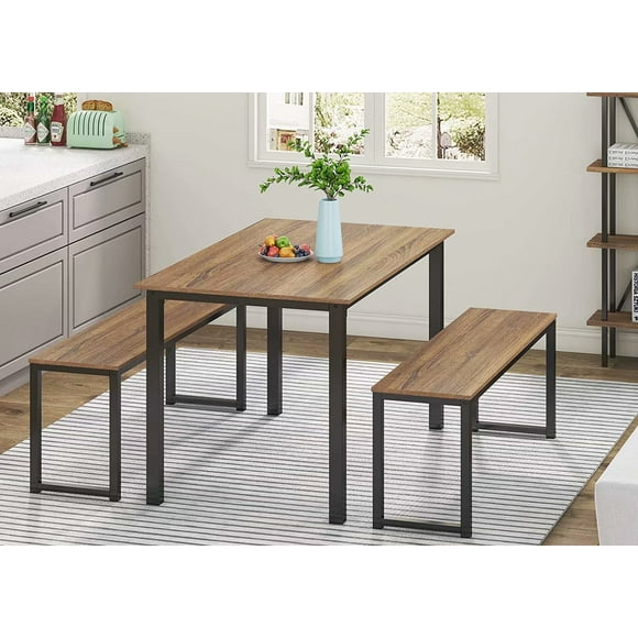 Homury 3 Piece Dining Table Set Breakfast Nook Dining Table with Two Benches,Industrial Brown, HDT111003WR