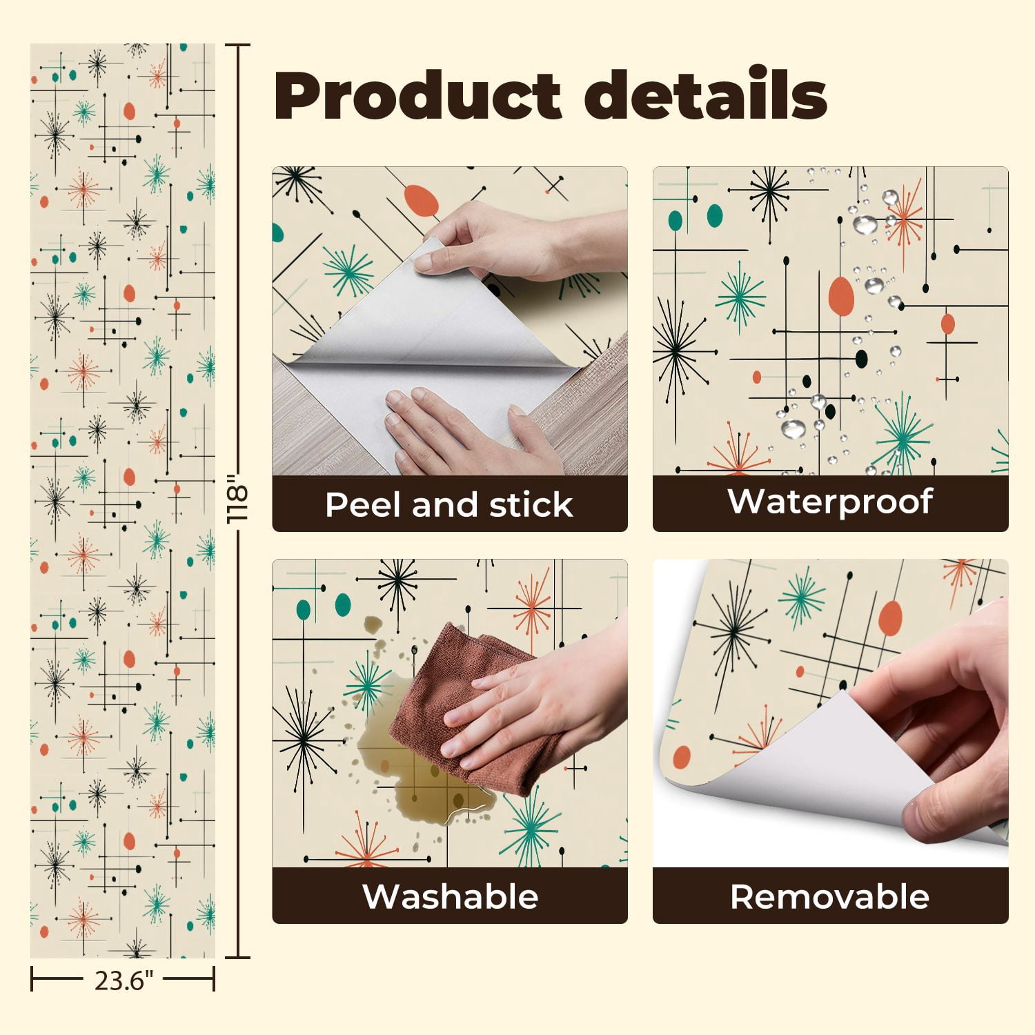 Peel and Stick Wallpaper 23.6in x 9.8ft Mid Century Modern Vintage Retro Mod Fifties Contact Paper Vinyl Waterproof Self Adhesive Wall Paper for Bedroom Shelf Cabinet Renter Friendly