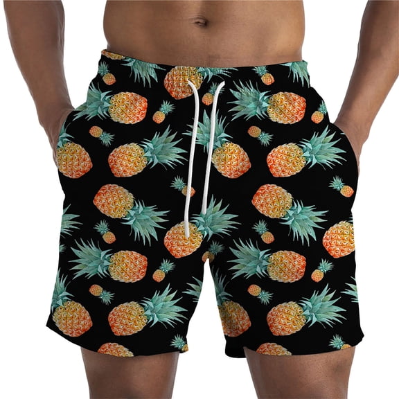 FINALGANG Mens Summer Pineapple Print Swim Shorts With Elastic Waist Drawstring Side Pockets Quick Dry Shorts For Summer Beach Vacation Casual Wear Black XL