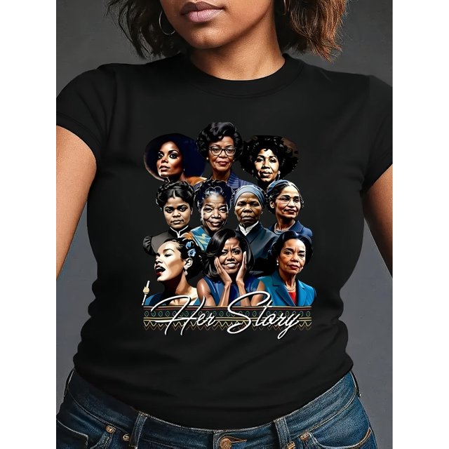 Women's Empowerment Black T-Shirt with "HOT STORY" & Iconic Portraits - Casual Crew Neck, Short Sleeve, Polyester, Machine Washable - Perfect for Spring/Summer, Spring Summer Apparel|Women's Empower
