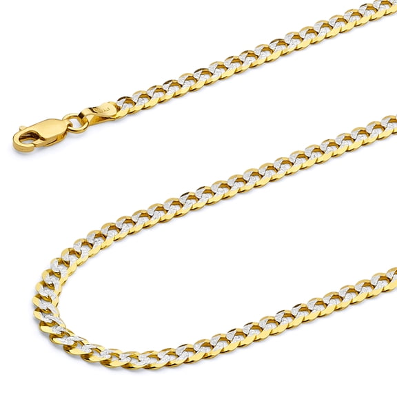 Wellingsale 14k Yellow Gold Polished Solid 4mm Cuban White Pave Diamond Cut Chain Necklace - 18"