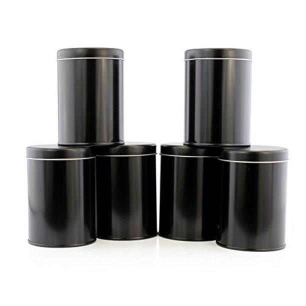 Double Seal Tea Canisters (6Pack); Black Metal Round Tea Tins w