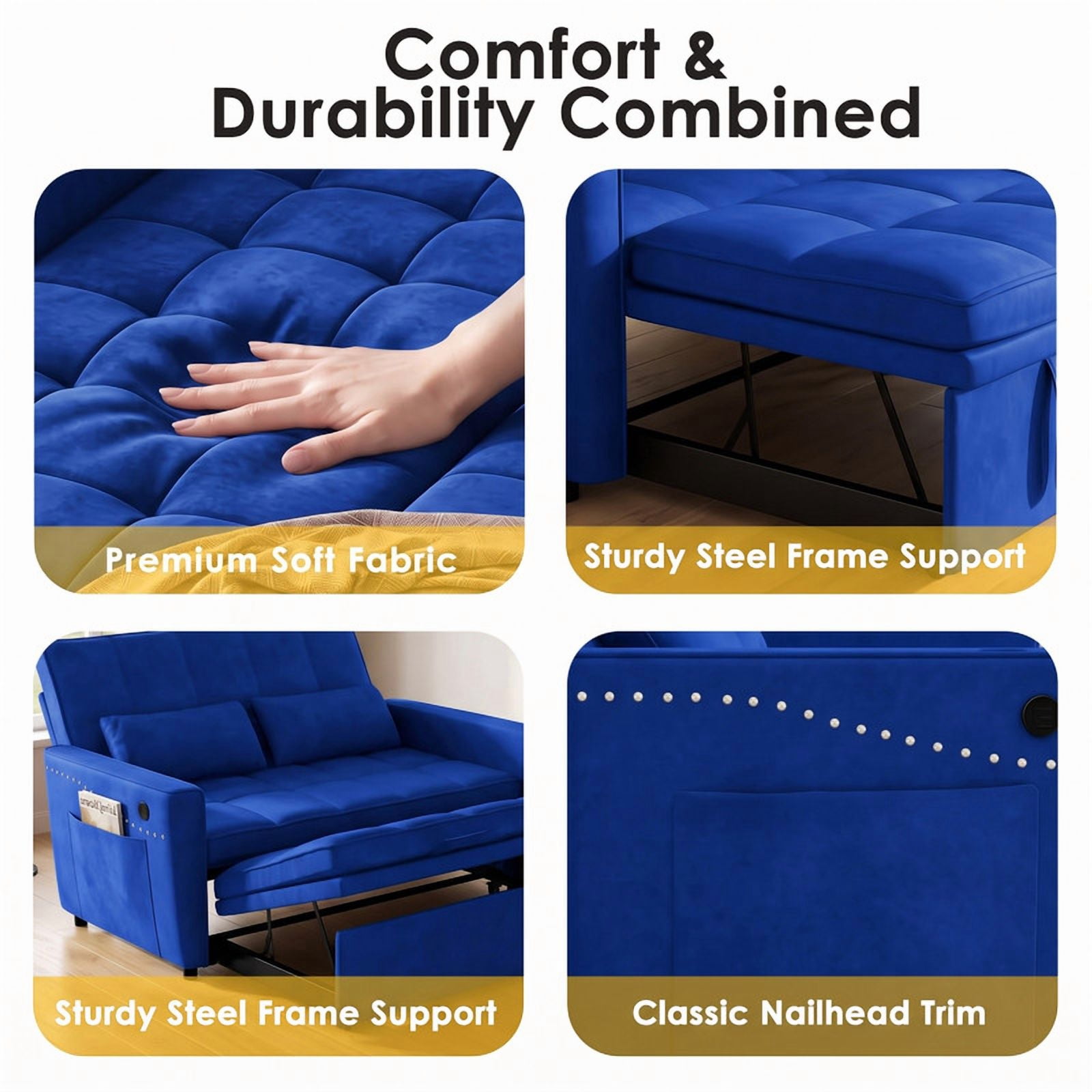 Anpport 54" 3‑in‑1 Convertible Sofa Bed, Sleeper Couch with USB Charging Port, Nailhead Trim & Throw Pillows, Loveseat for Living Room Apartment Small Space, Blue