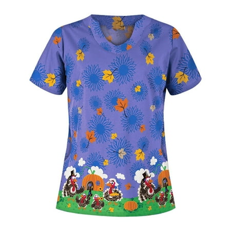 

Women s T-Shirts Short Sleeve V-Neck Working Uniform Cartoon Print Blouse Womens Tops Dressy Casual