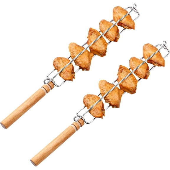Wing Rails for Grilling Chicken Wings: Outdoor Barbecue Fork, Stainless Steel Chicken Wings Grilling Rails with Wooden Handle, BBQ Grilling Tool Set for Outdoor Picnic Camping Barbecue (2 Pcs)