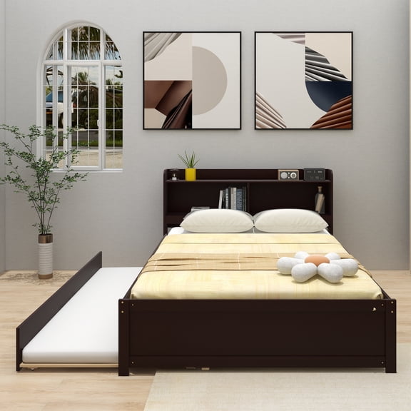 Full Bed with Trundle,Bookcase,Espresso