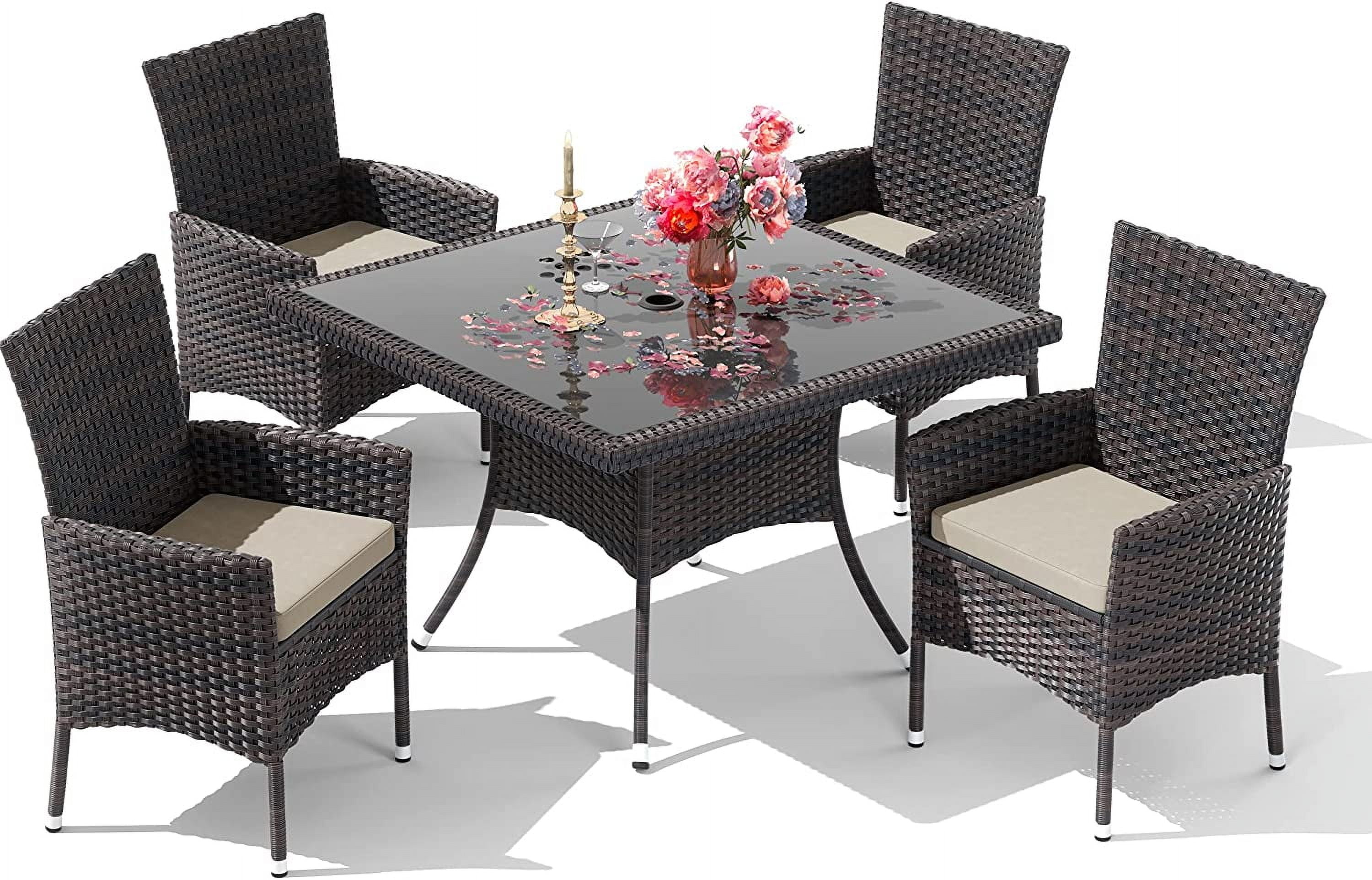 ALAULM 5 Pieces Patio Dining Set Outdoor Rattan Furniture with Square Glass Tabletop 4 Chairs with Cushions for Patio, Backyard Outdoor Kitchen Lawn & Garden Sand