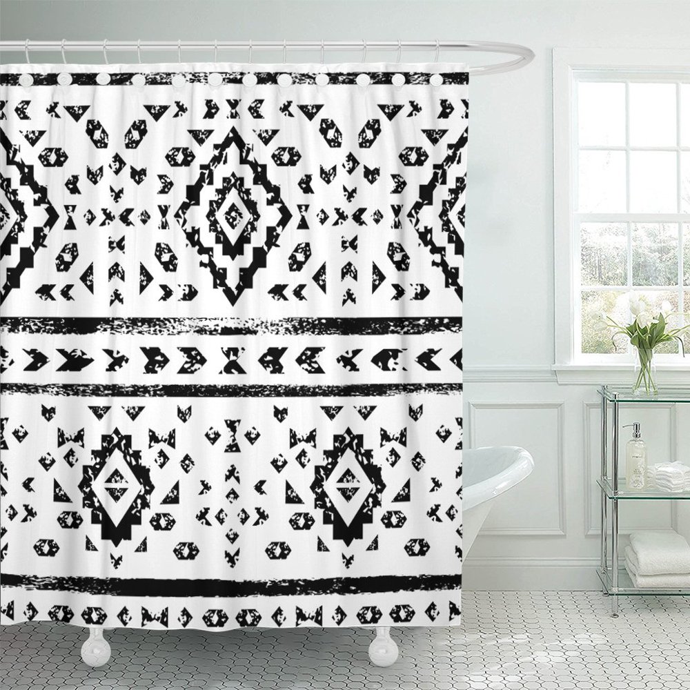 PKNMT Geo Black and White Aged Geometric Aztec Pattern Border Shower