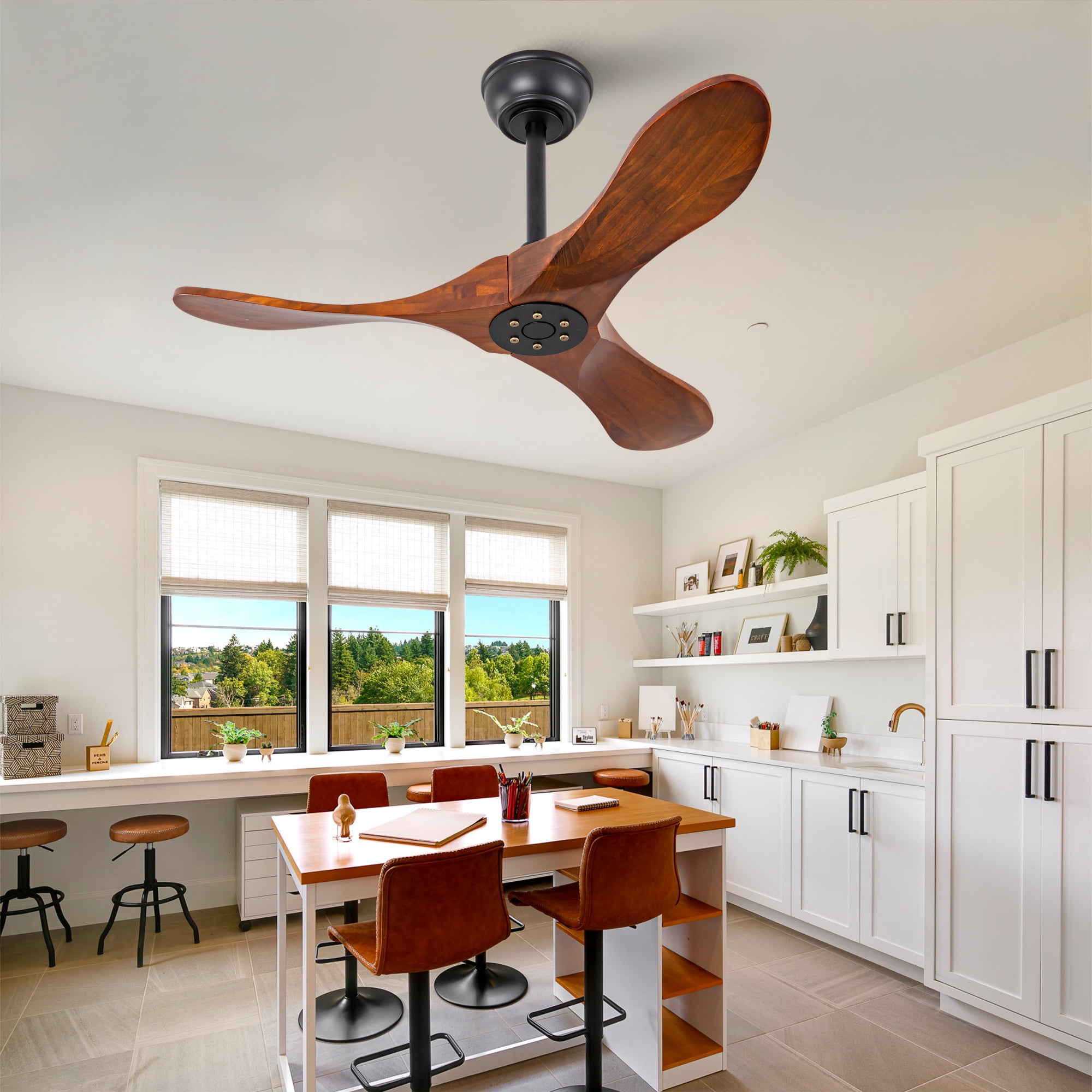 Ceiling Fan No Light, 36 Inch 3 Blades Solid Wood Outdoor Fan with Remote Control for Patio Living Room Bedroom, Black Dark Walnut