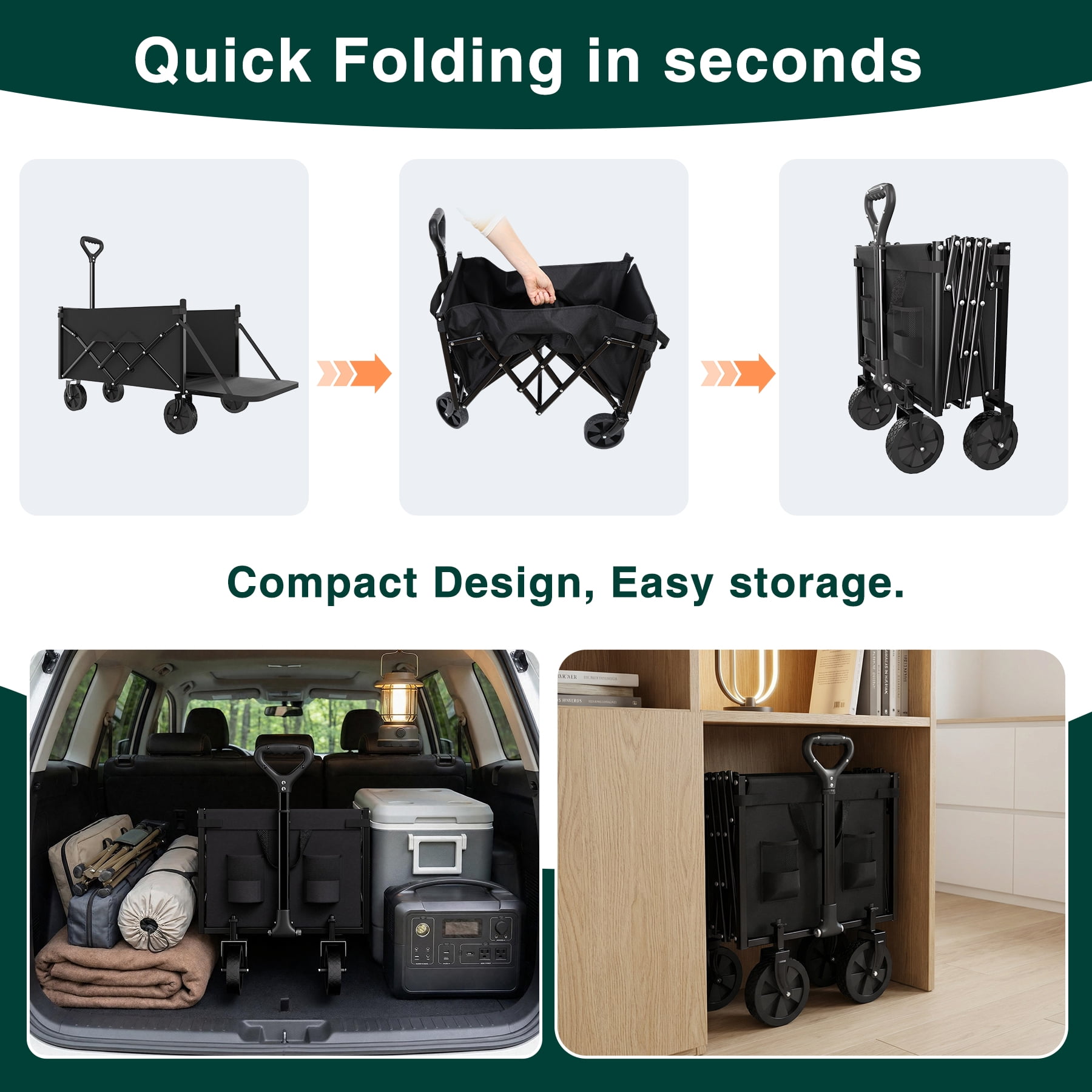 Favoyard 330lbs Collapsible Wagon with Extended Tailgate,All‑Terrain Wheels & Drink Holders for Garden Camping Beach, Black