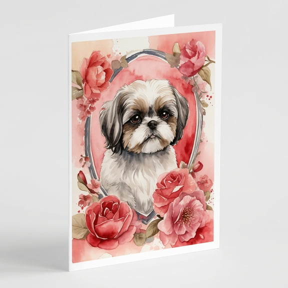 Shih Tzu Valentine Roses Greeting Cards Pack of 8 7 in x 5 in