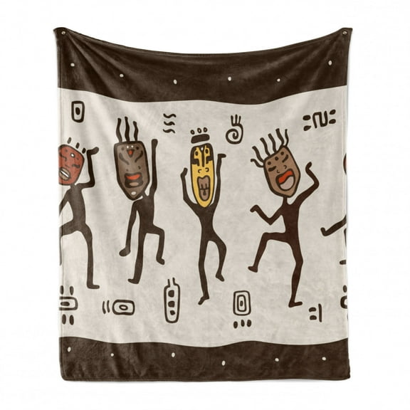 Prehistoric Soft Flannel Fleece Throw Blanket, Cartoon Dancing Natives Wearing Tribal Print, Cozy Plush for Indoor and Outdoor Use, 60" x 80", Army Green Yellow, by Ambesonne