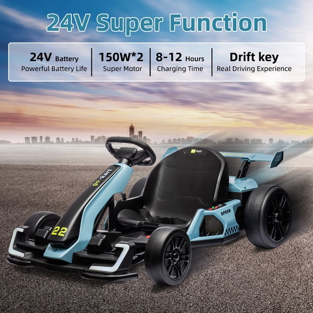 Kart eléctrico para niños 24V 2x150W - 4 velocidades - Asiento ajustable - Luces LED y música - Cinturón de seguridad - Para carreras al aire libre - Azul
