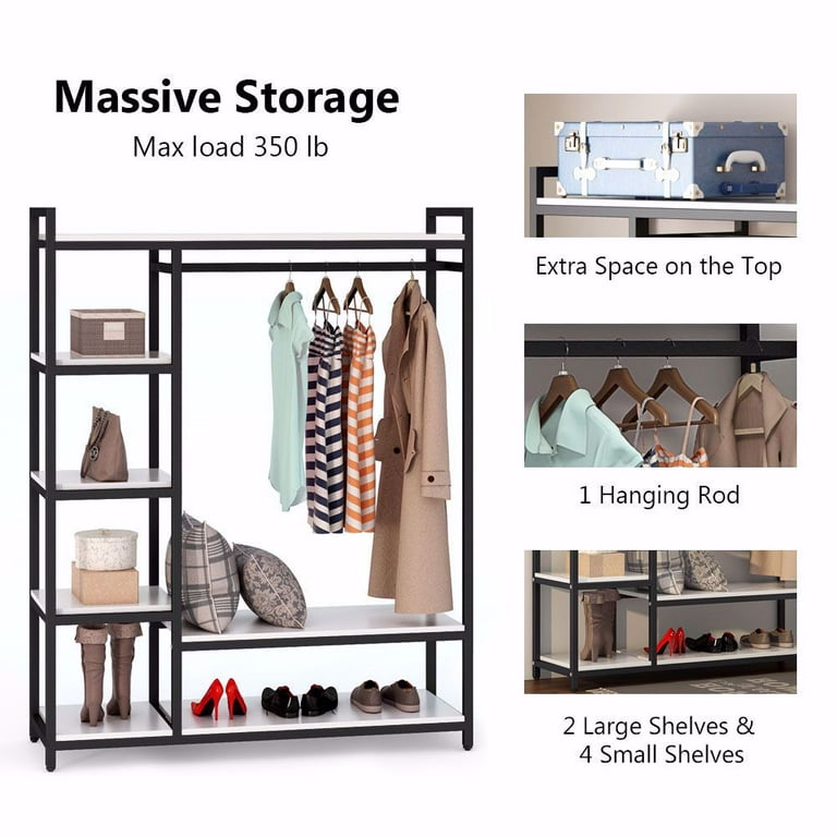 Dropship JHX Free-Standing Closet Organizer With Storage Box & Side Hook;  Portable Garment Rack With 6 Shelves And Hanging Rod; Black Metal  Frame&Rustic Board Finish; Hanging Closet Shelves (Rustic Brown). to Sell