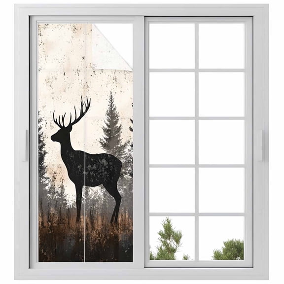 Forest Elk Window Privacy Film, Rustic Nature Tree Retro Deer Silhouette Static Cling UV Sun Blocking Heat Control Window Tint Day and Night, Non-Adhesive One Way Windows Privacy Cover 23.6''x59''