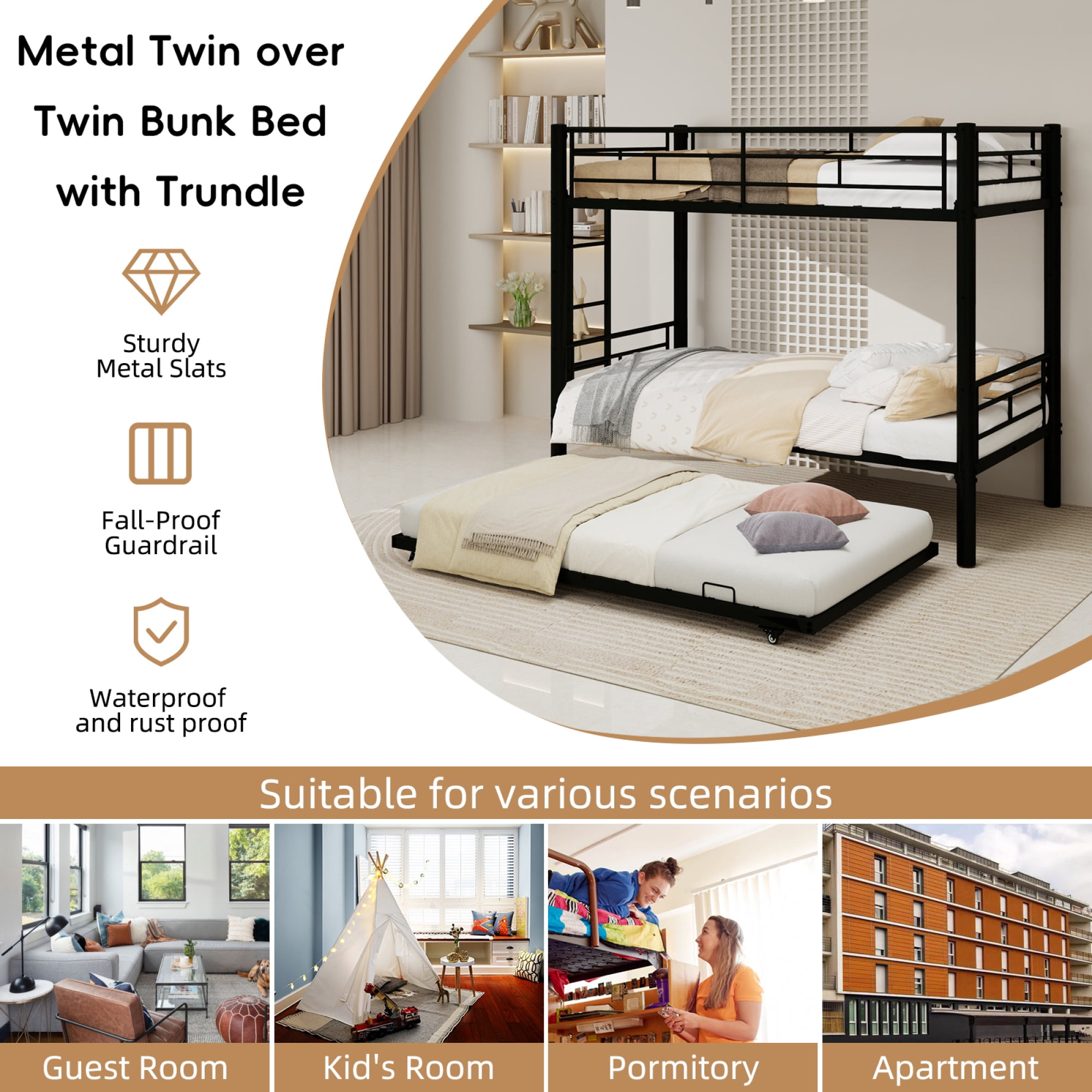Twin over Twin Size Bunk Bed with Trundle, Heavy Duty Metal Bunk Bedframe with Ladder and Guardrails, Detachable Bunk Beds for Boys Girls