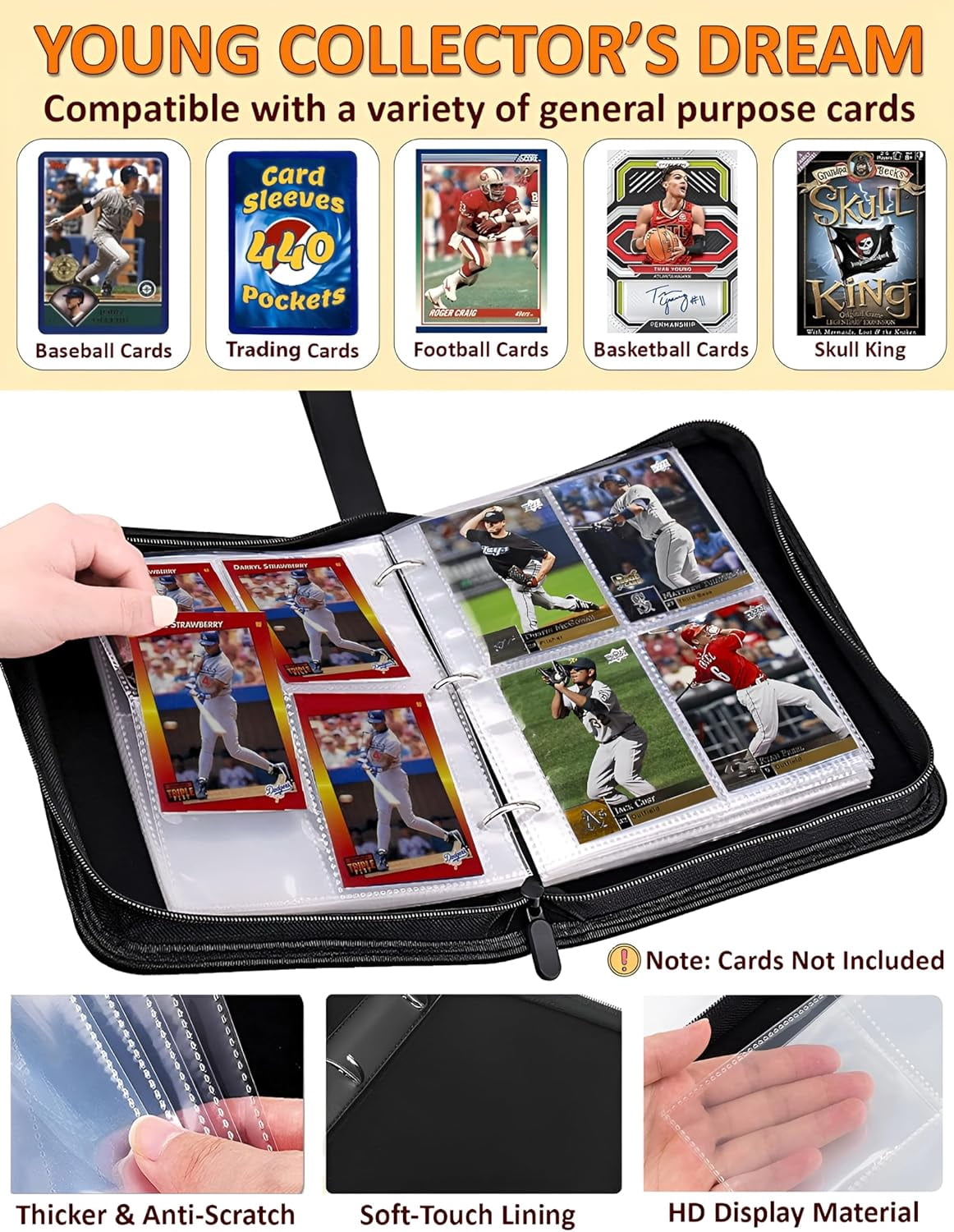 Soccer Card Binder 440 Pockets, 55 Sleeves Small Soccer Binder 3 Ring Zipper Trading Cards Holder 4 Pocket, Sport Card Collection Folder Book Storage Organizer, Album Case Protector Collector Gift