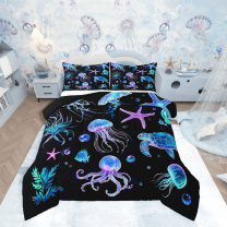 Manfei Sea Turtle 3 Pieces Queen Comforter Set,Ocean Jellyfish Ultra Soft Bedding Sets,Marine Animal Bedding Comforter Set,Super Cozy Sealife Room Decor,Reversible
