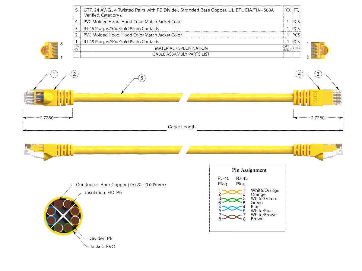 Cable Leader 50ft Cat6 UTP Ethernet Network Patch Cable Snagless 24AWG Bare Copper, Yellow
