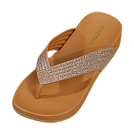 

Ediodpoh Women s Fashion Trendy Beach Shoes Flat Heel Versatile Herringbone Flash Strap Slippers Women s Slippers Brown 7
