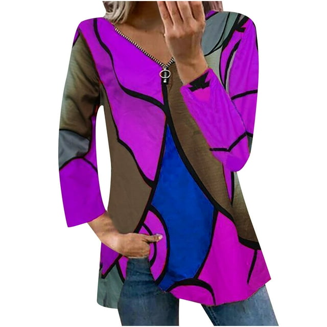 Pompotops Ladies Colorblock Printed V-neck Zipper Casual Loose Long Sleeve Top