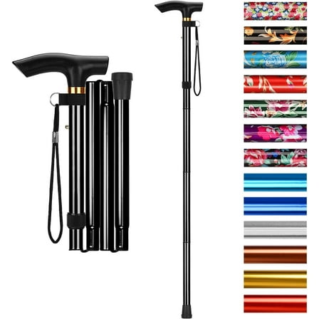 Rongsi Folding Cane, 5-Level Adjustable Height Walking Stick Lightweight Collapsible Portable Travel Cane with Wrist Strap and T Handle for Elderly Disabled Men Women,Balck