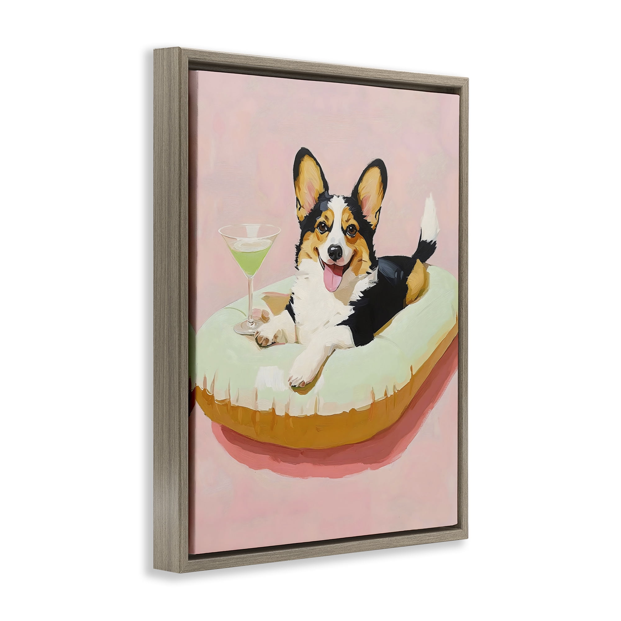 Stupell Industries Pastel Corgi with Cocktail Brown Framed Floater Canvas Wall Art, design by The Prints Vibe