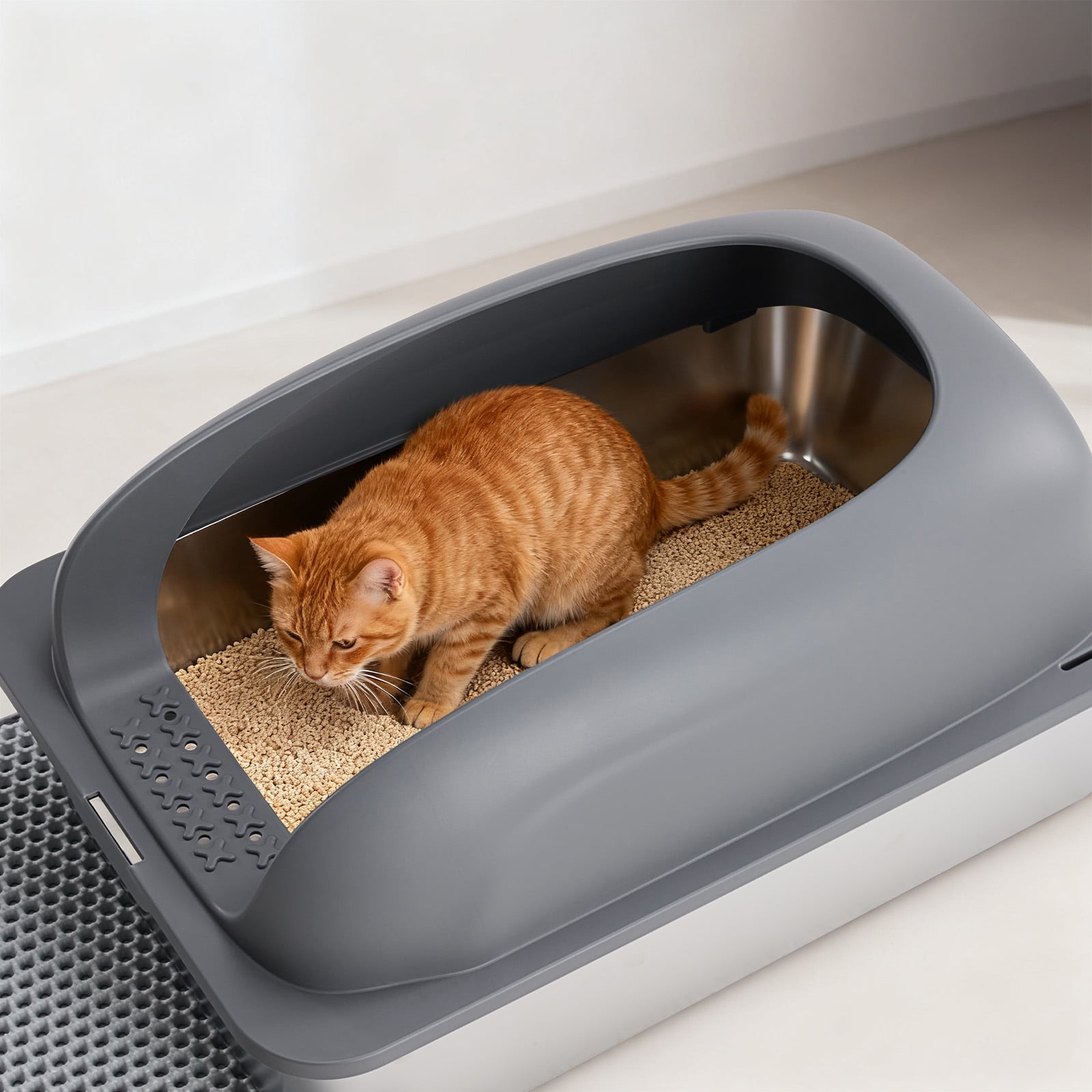 JIOABL 23.6" Cat Litter Box, Stainless Steel with Lid, Scoop and Mat, Leakproof, Anti-Slip, Dark Gray