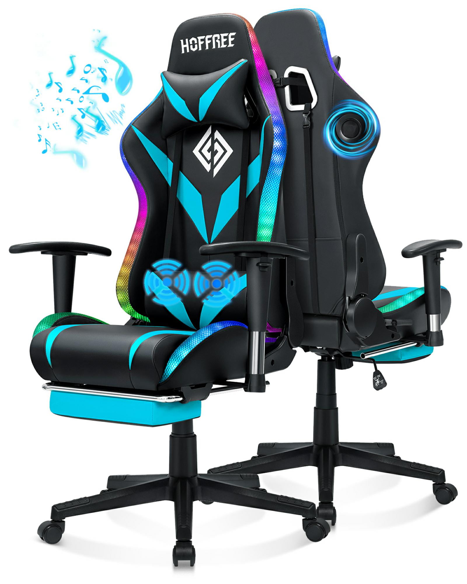Hoffree Gaming Chair with Speakers Gamer Chair with Footrest and Massage Reclining Video Game Chair with Led Lights and Swivel Seat and Headrest and 2D Armrests for Adults