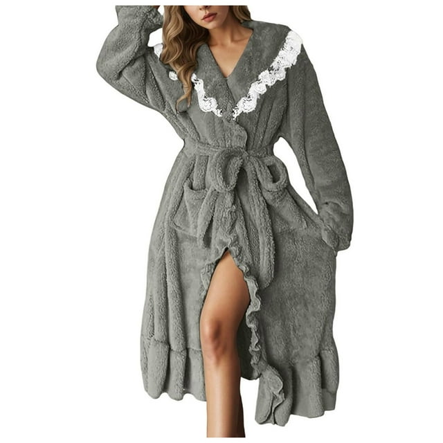 Ccpelsie Womens Robe Plush Fleece Long Bath Robe for Women Fluffy Soft Women's Fall Winter Bathrobe with Pockets(Grey,M)