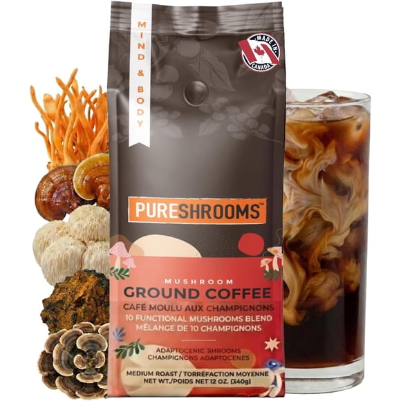 PureShrooms Perfect 10 Mushroom Ground Coffee - Turkey Tail, Chaga, Lion's Mane, Reishi, Cordyceps, Maitake, Shiitake and more (Perfect 10, 340g)