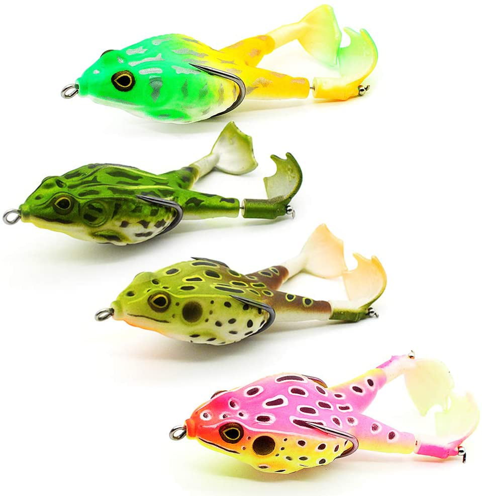 SET OF 5 NEW COLORFUL WEEDLESS RUBBER FROGS FOR FISHING IN PLASTIC BOX 