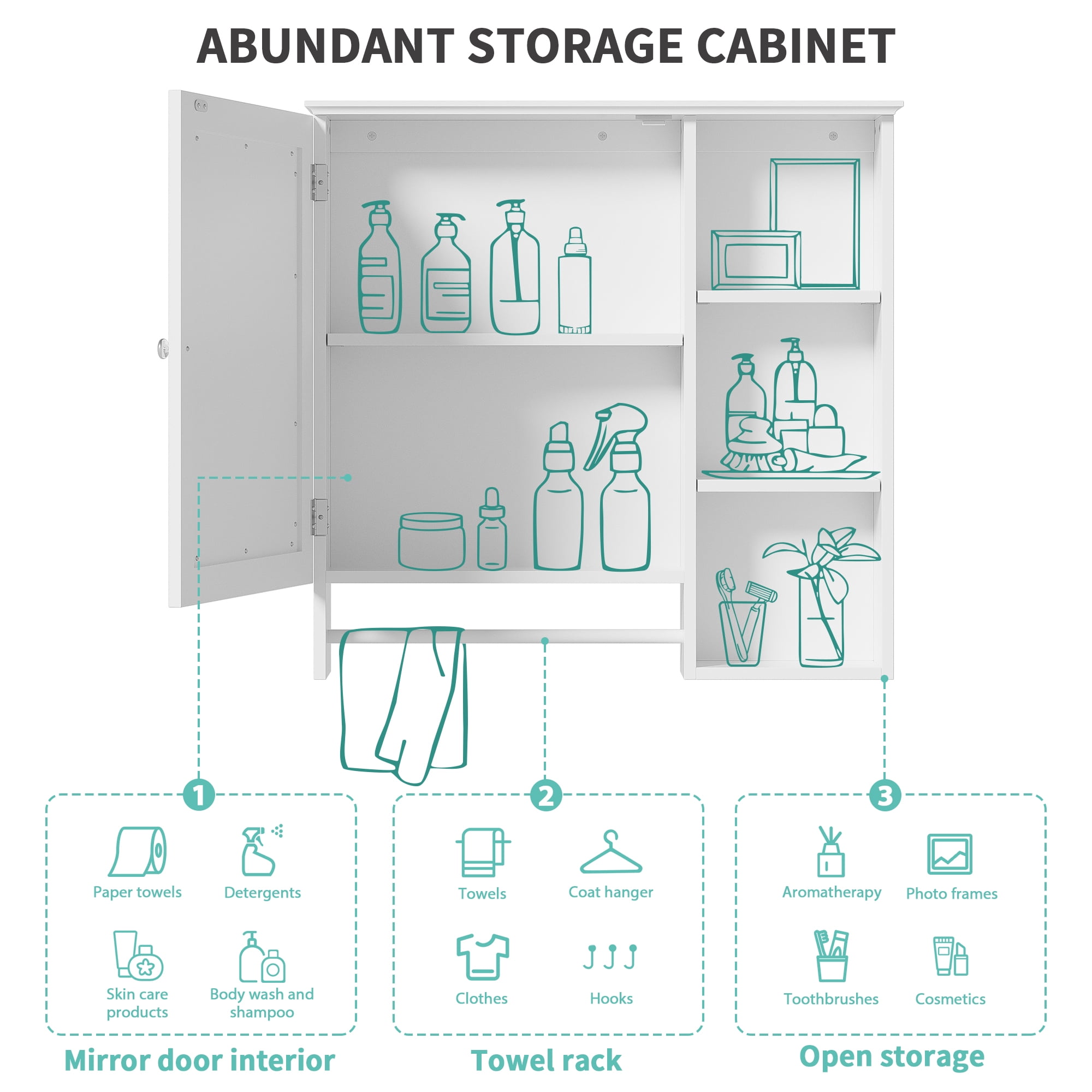 Euroco Wall Mounted Bathroom Storage Cabinet, Medicine Cabinets with large mirror door, adjustable shelves and three open storage levels(Not Include Bathroom Vanity )