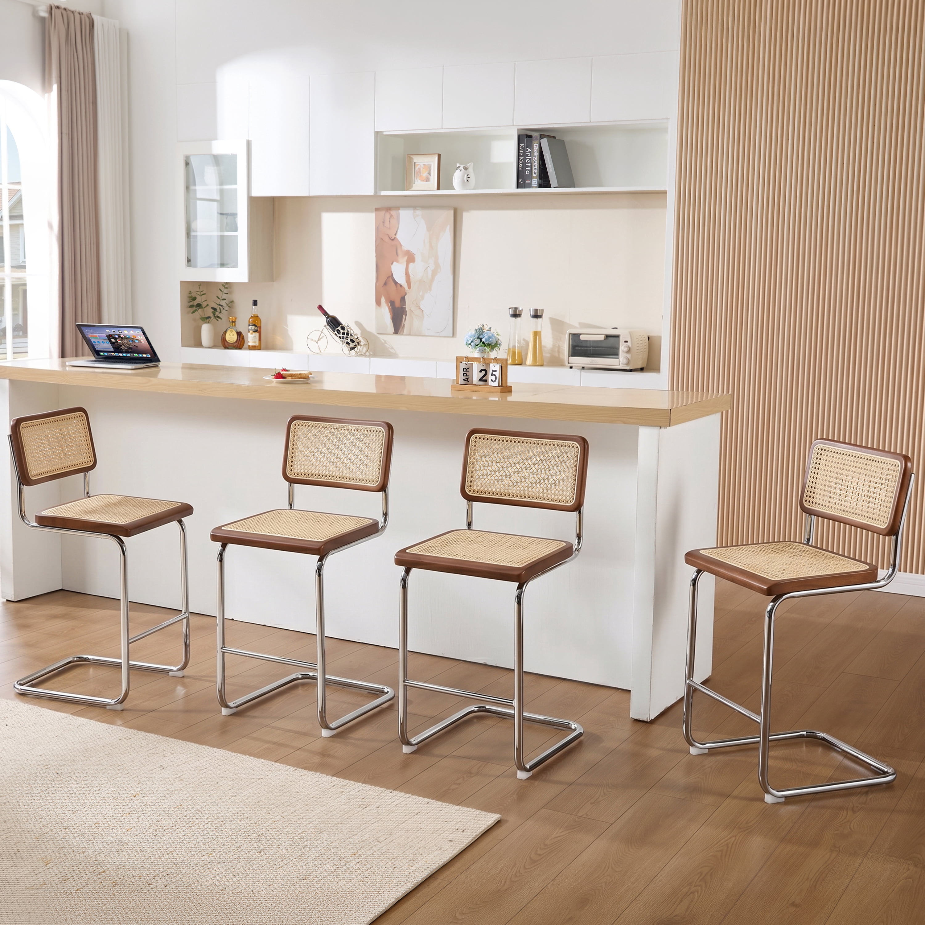 Zesthouse Rattan Counter Height Bar Stools Set of 2, 24.8" Counter Height Chairs with Cane Back, Mid Century Modern Barstools for Kitchen Island, Walnut Tone